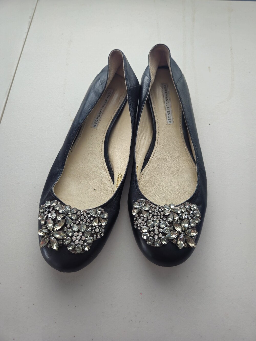 Vera Wang Lavender Black Leather Ballet Flats with Crystal Flower Appliqué